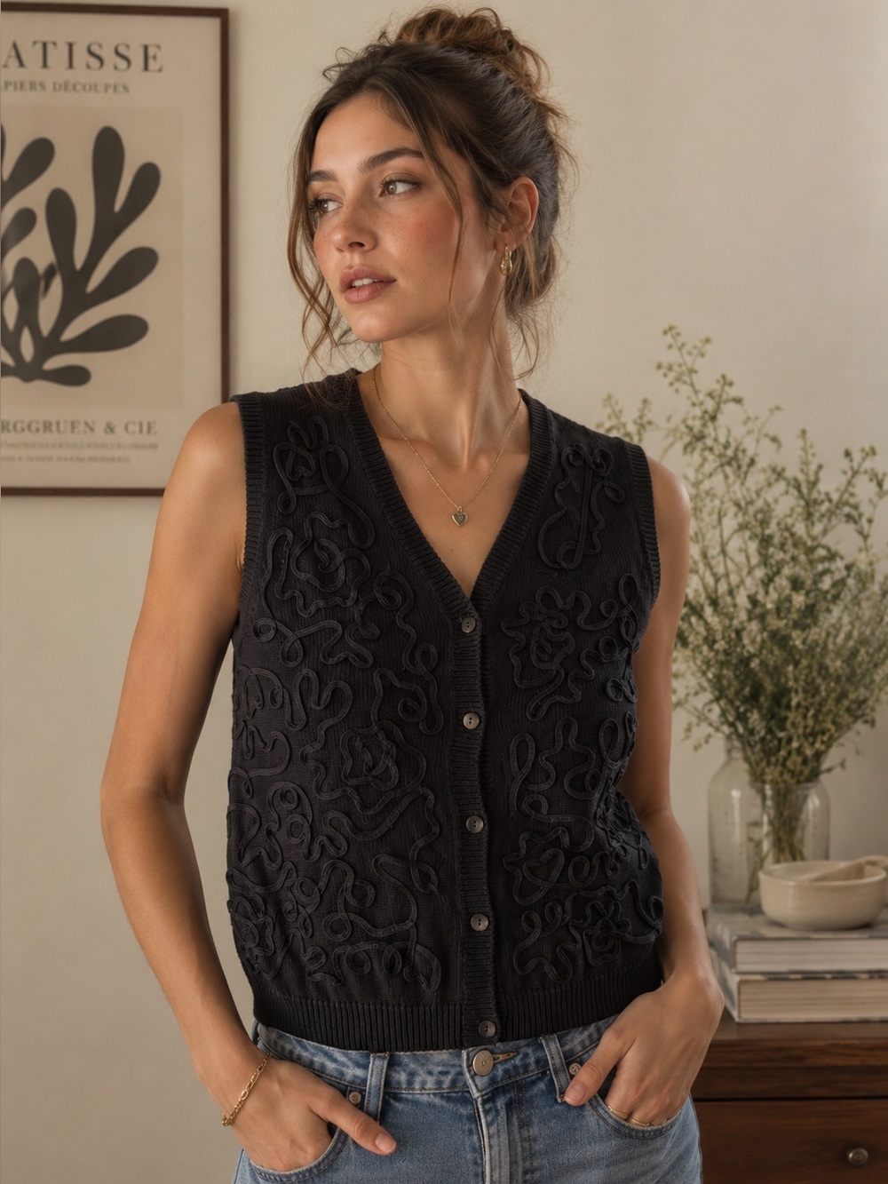 VTG Black Tabi Button-Up Vest with Embroidered Design